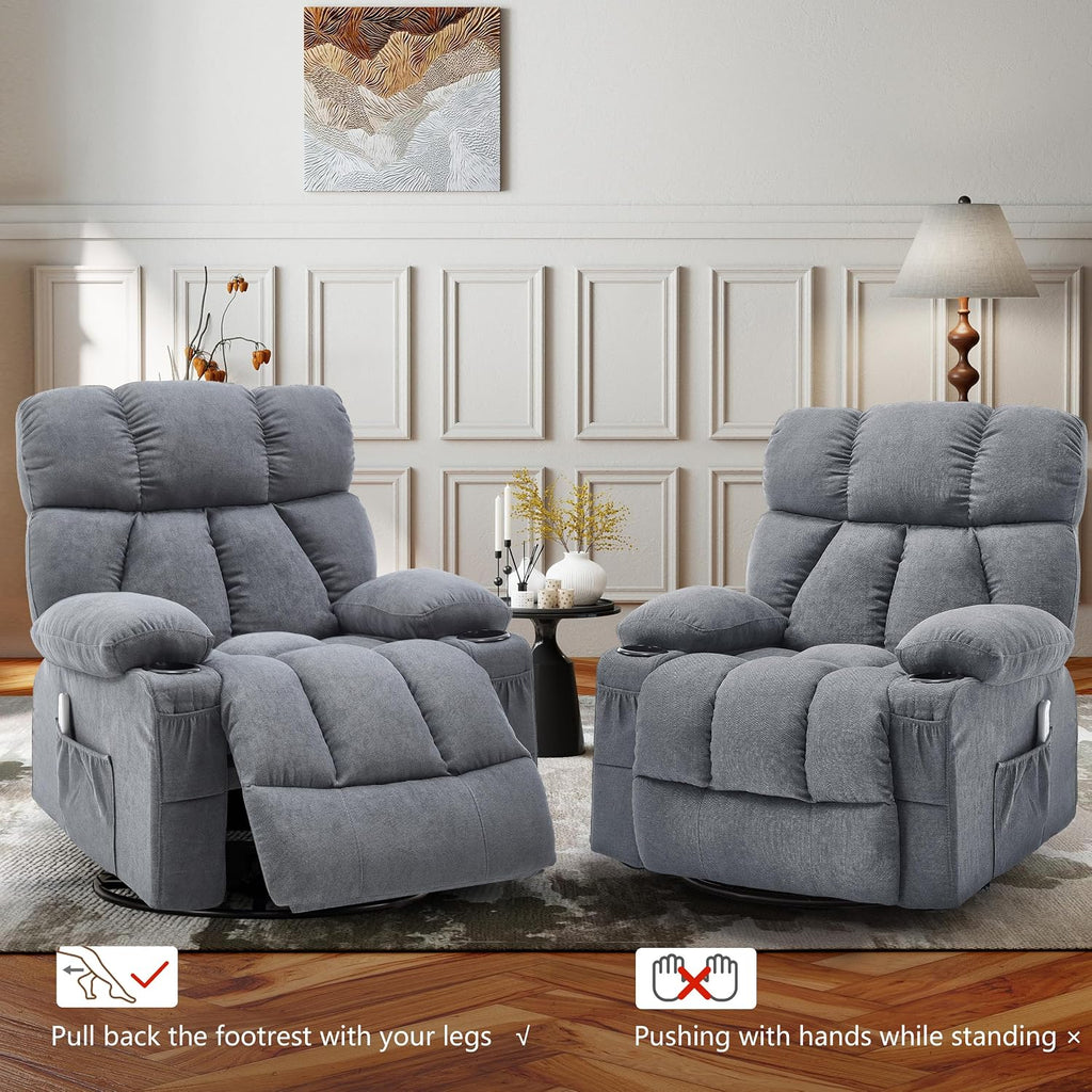 Oversized 360° Swivel Massage Rocker Recliner Chair, Massage & Heat, Grey | Vibration Massage, USB Charge Port, 4 Pockets 2 Cup Holders, Comfy Rocking Recliners for Living Room & Bedroom, Reading Chair