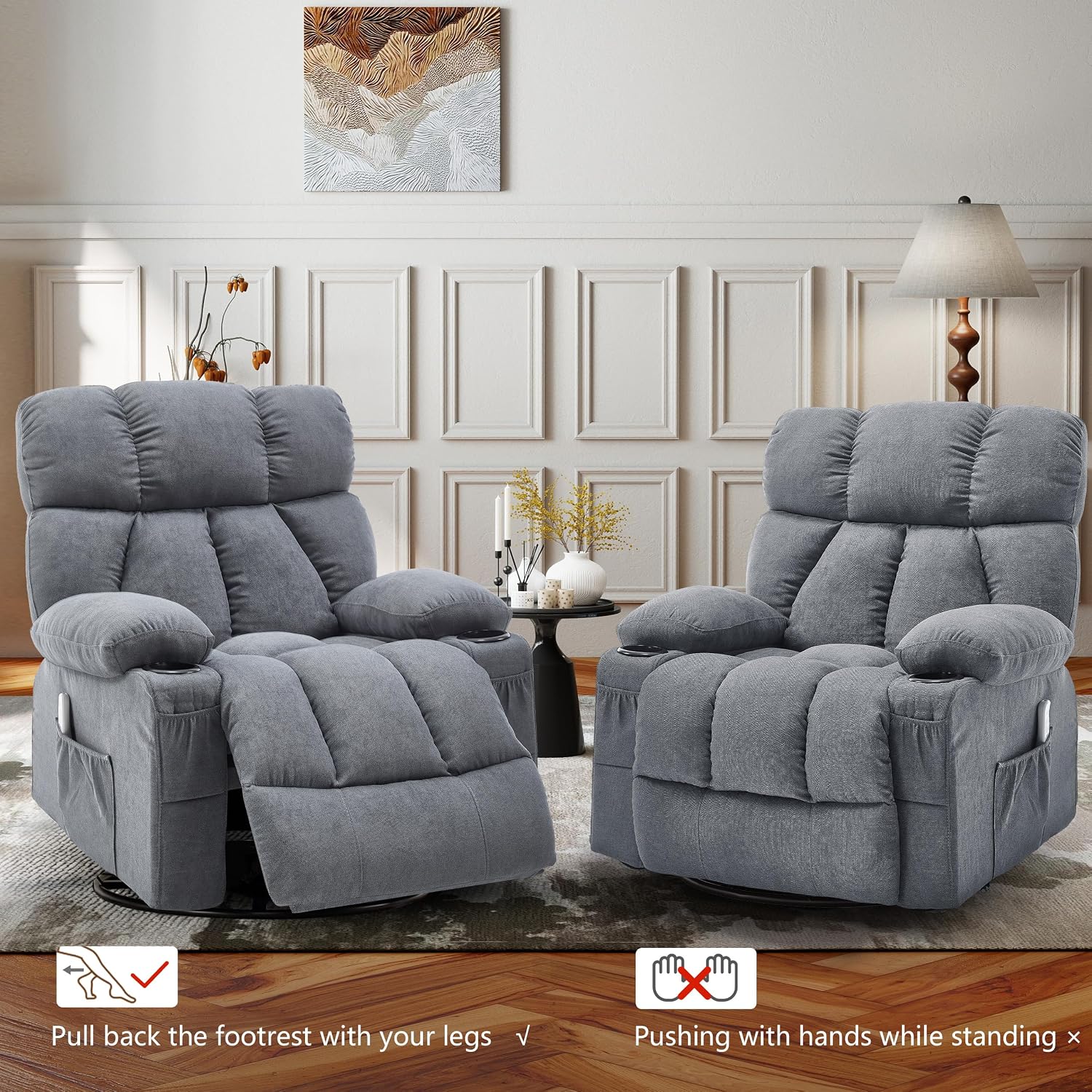 Oversized 360° Swivel Massage Rocker Recliner Chair, Massage & Heat, Grey | Vibration Massage, USB Charge Port, 4 Pockets 2 Cup Holders, Comfy Rocking Recliners for Living Room & Bedroom, Reading Chair