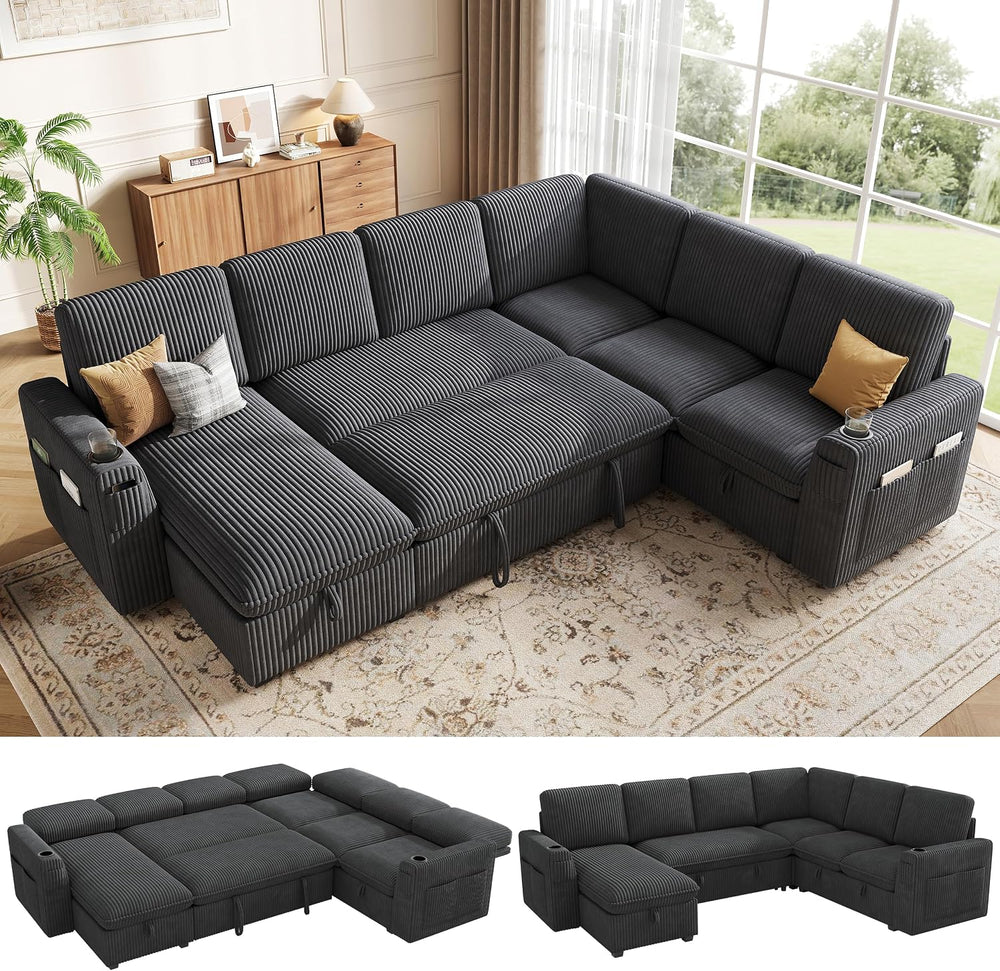 Sectional Sleeper Sofa with Pull Out Bed, Plush Corduroy 7 Seat Modular Secti...