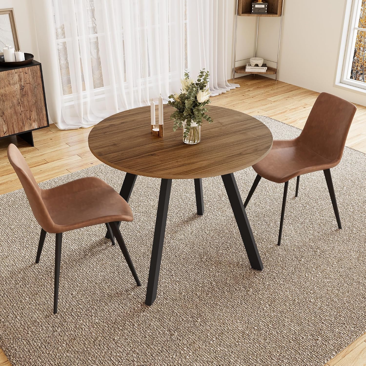 Zerifevni 34.6'' Dining Table and Chairs for 2, Mid Century Modern Round Table Set, Space Saving for Apartment Kitchen Dining Room (Walnut Table+2 Brown Chairs)