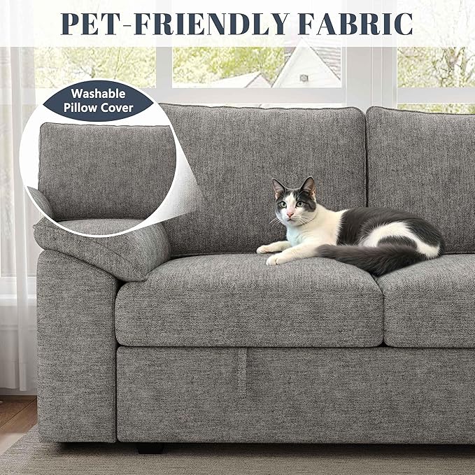 108 Inch Modular Sectional Sofa with Pull Out Bed,U Shaped 7 Seat Sectional Sleeper Sofa with Storage,Sectional Couches for Living Room,Cloud Modular Couch,Removable Sofa Cover,Light Gray