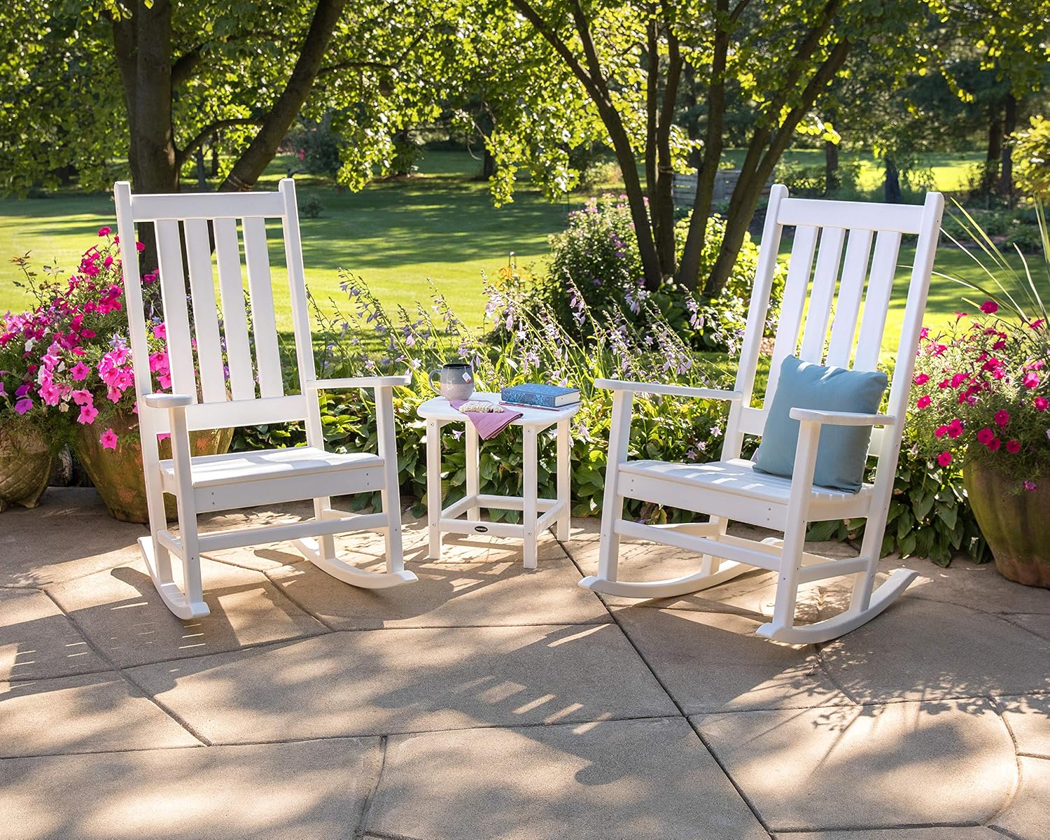 POLYWOOD Vineyard 3-Piece Rocking Chair Set White - Outdoor Patio Furniture Set with Side Table - Front Porch Rocking Chairs - Premium HDPE Lumber Construction - Classic American Style