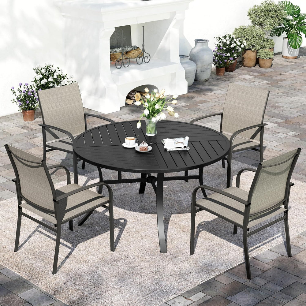 5pc Patio Dining Set for 4, Outdoor 42" Round Metal Table & 4 Brown ...