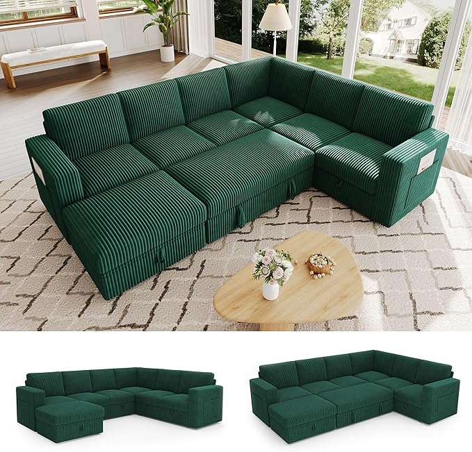106.7" Sectional Sleeper Sofa with Pull Out Couch, Modern 7 Seat U Shaped Modular Couch, Green Sectionals Modular Sofa with Storage, Comfy Corduroy Couches Sectional for Living Room & Apartment