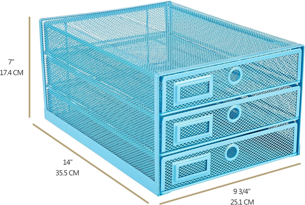 Annova Desk Organizer Wire Mesh 3 Tier Sliding Drawers Paper Sorter/Multifunctional/Premium Solid Construction for Letters, Documents, Mail, Files, Paper, Kids' Art Supplies (Blue)