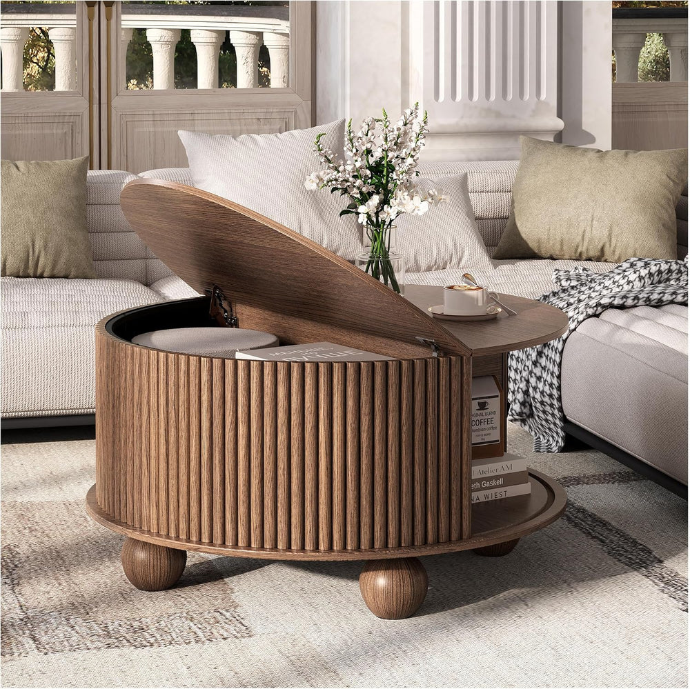 JOINICE 31.5" Round Coffee Table with Storage,Unique Bun Feet,Walnut Finish