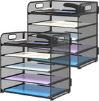 Supeasy 2 Pack 5-Tier Desk Organizer with Handle Mesh Desk File/Paper Organizer Letter Tray for Office, School and Home Easy Installation, Black
