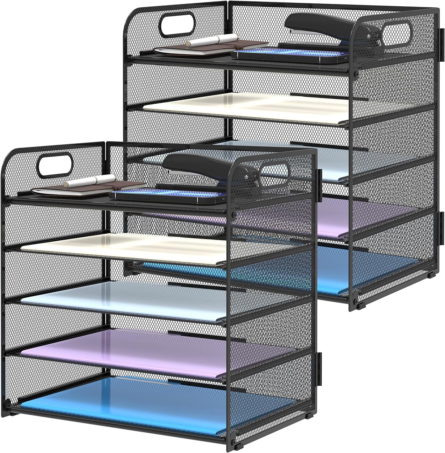 Supeasy 2 Pack 5-Tier Desk Organizer with Handle Mesh Desk File/Paper Organizer Letter Tray for Office, School and Home Easy Installation, Black