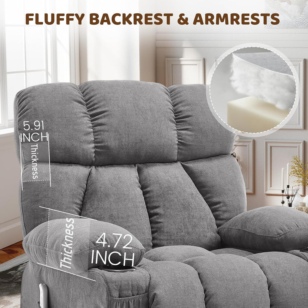 Oversized 360° Swivel Massage Rocker Recliner Chair, Massage & Heat, Grey | Vibration Massage, USB Charge Port, 4 Pockets 2 Cup Holders, Comfy Rocking Recliners for Living Room & Bedroom, Reading Chair