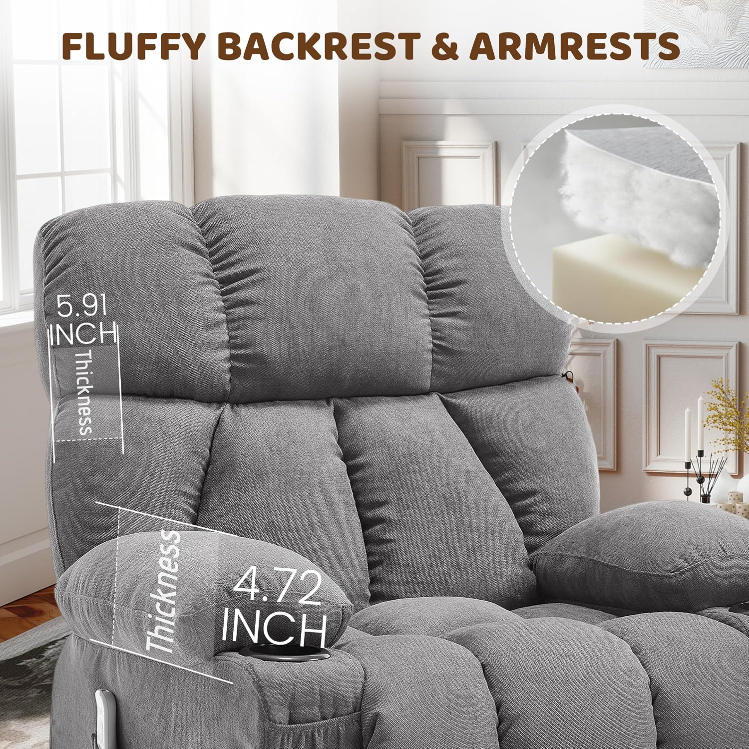 Oversized 360° Swivel Massage Rocker Recliner Chair, Massage & Heat, Grey | Vibration Massage, USB Charge Port, 4 Pockets 2 Cup Holders, Comfy Rocking Recliners for Living Room & Bedroom, Reading Chair