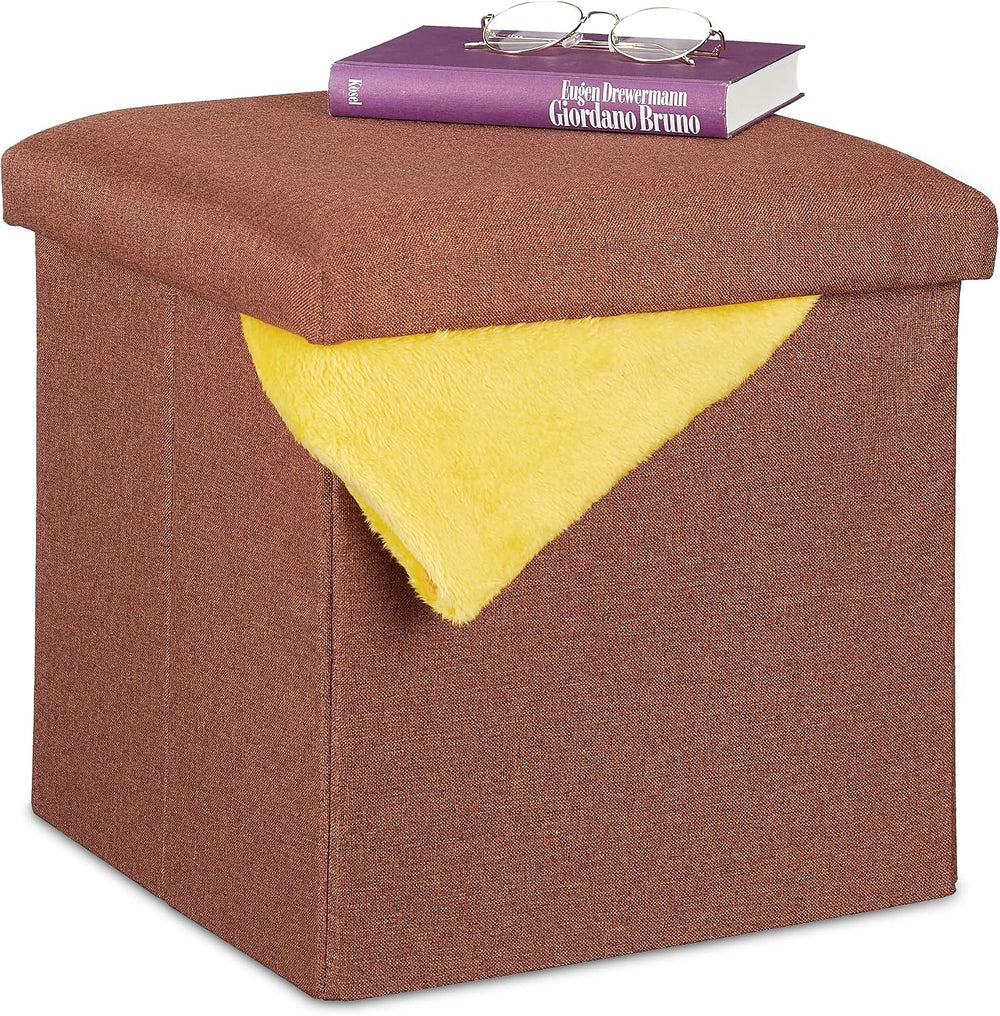 Relaxdays Stool with Storage Space, Foldable, Soft, Padded, Square, Fabric, C...