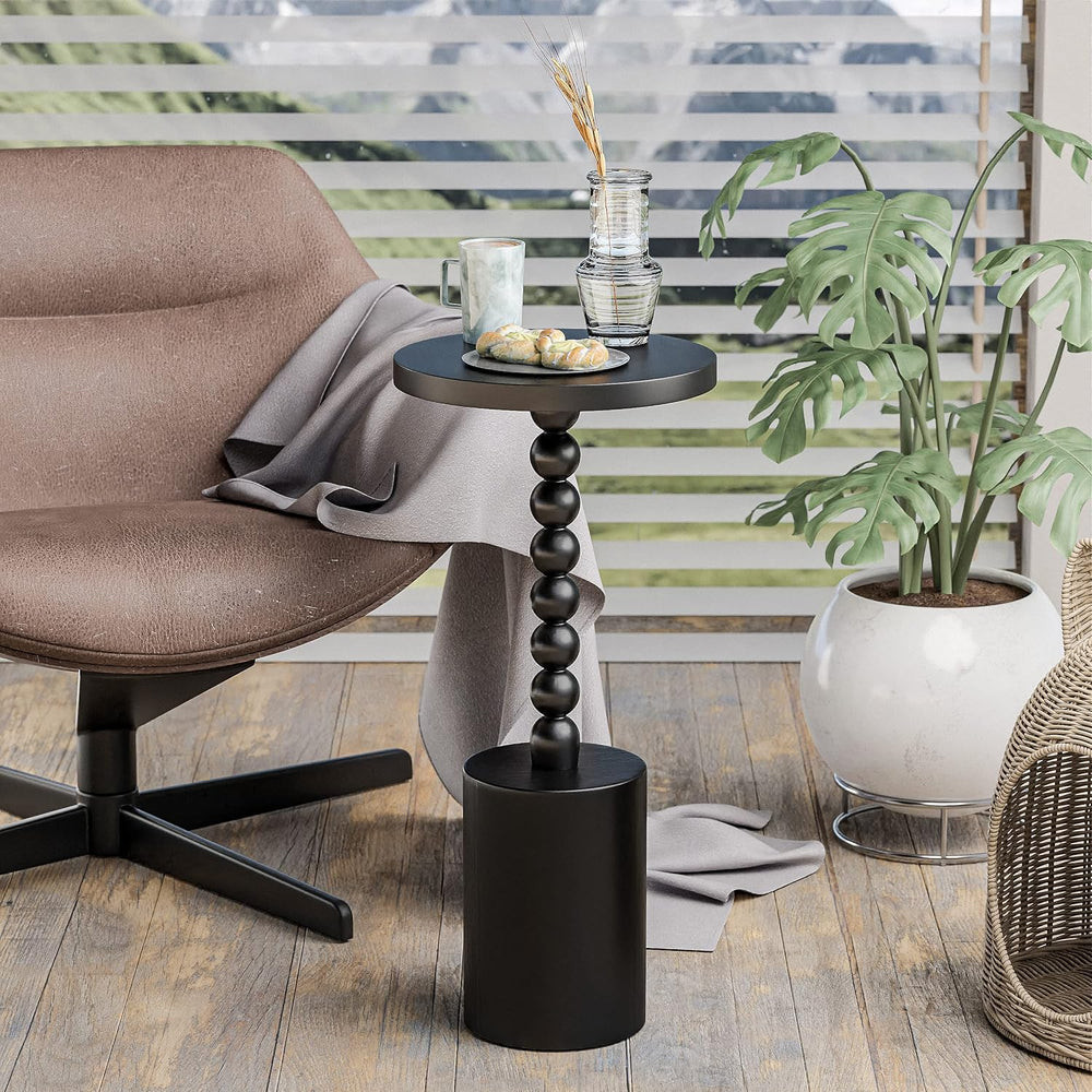 COZAYH Black Wood End Table with Round Top and Decorative Beaded Pedestal, Mo...