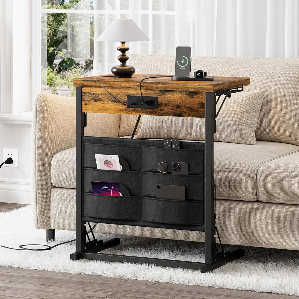 Foldable C-Shaped Table with Charging Station, Folding TV Tray End Table for ...
