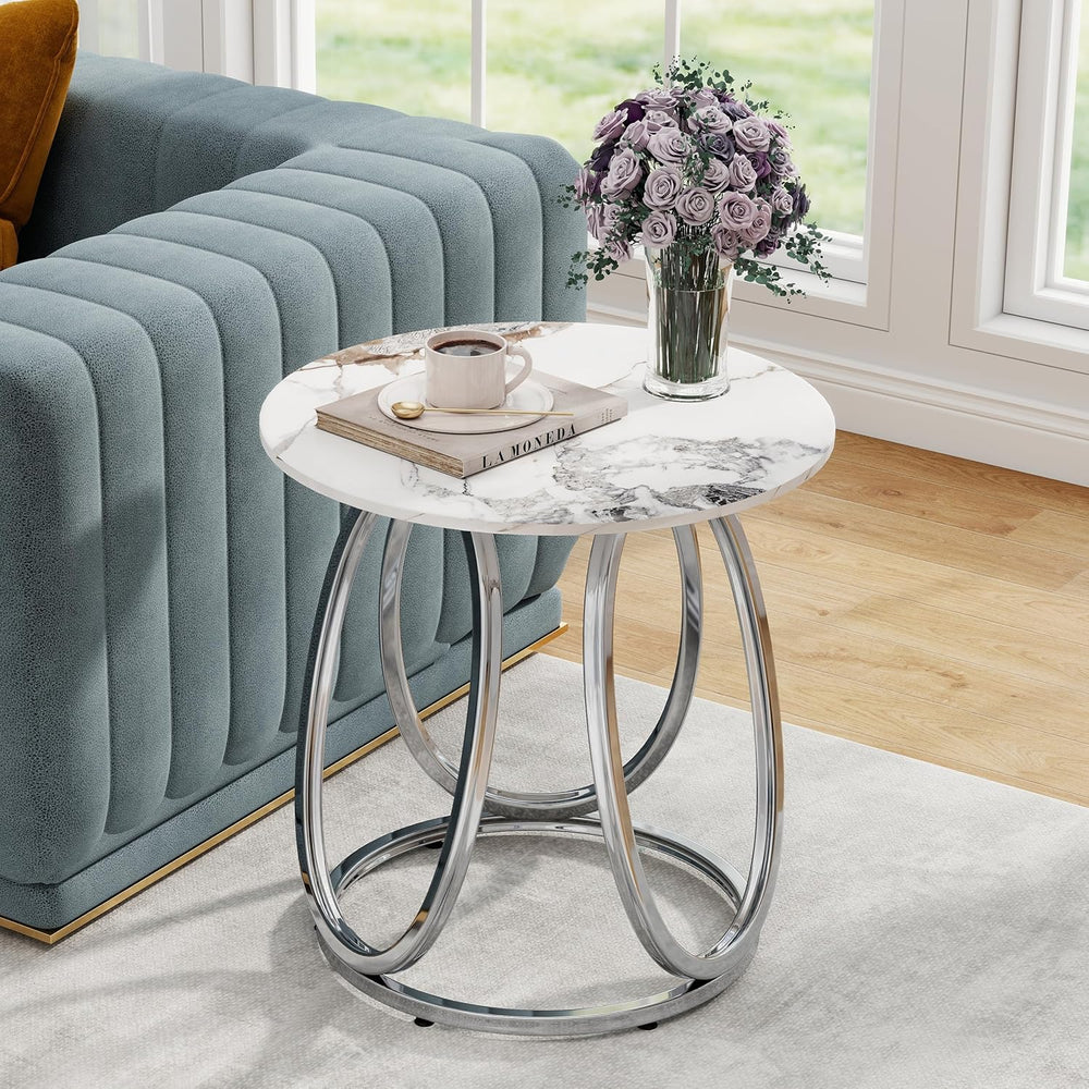 O&K FURNITURE Silver Side Table Living Room, Round End Table with Metal F...