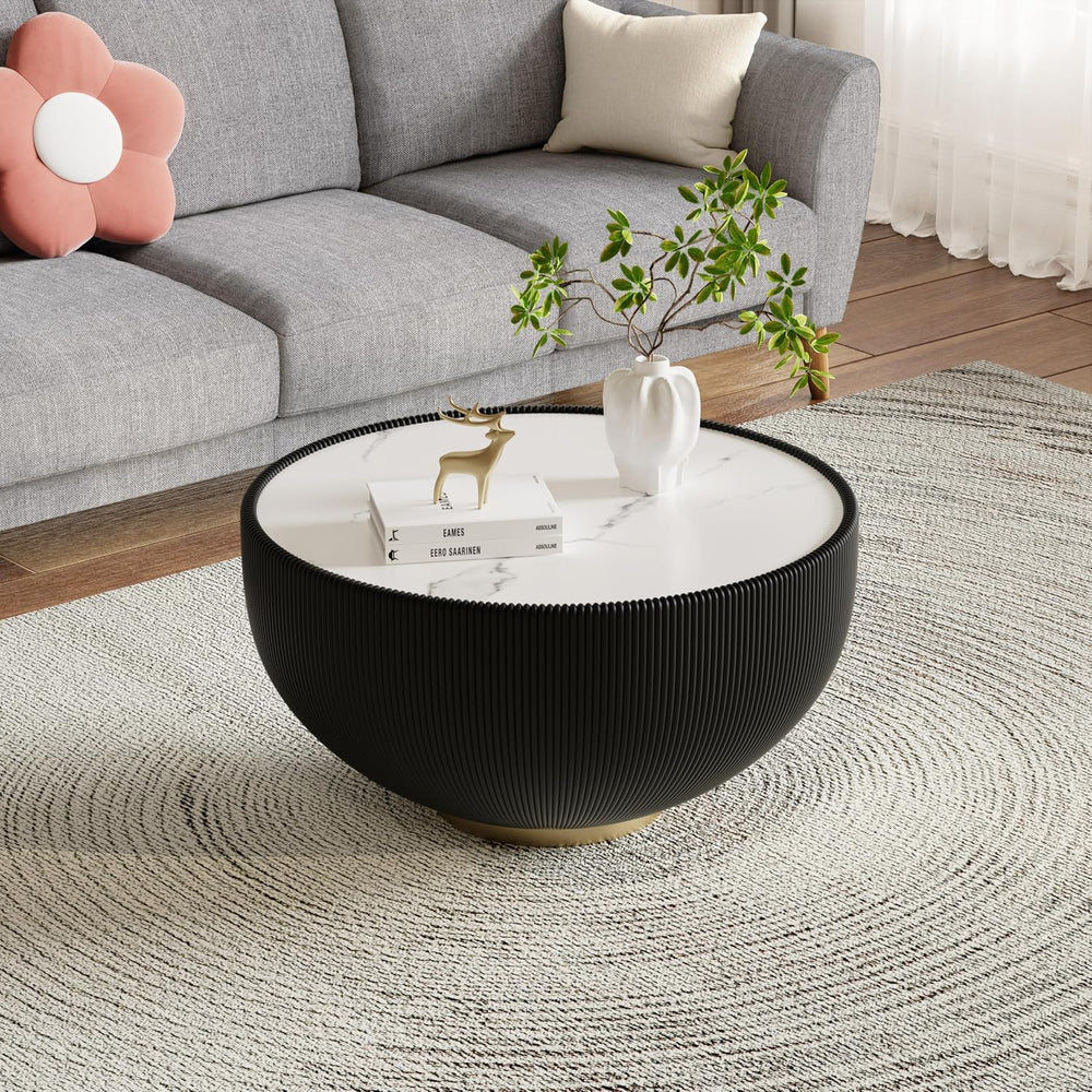 27.55" Black Round Coffee Table, Drum Coffee Table with Sintered Stone T...