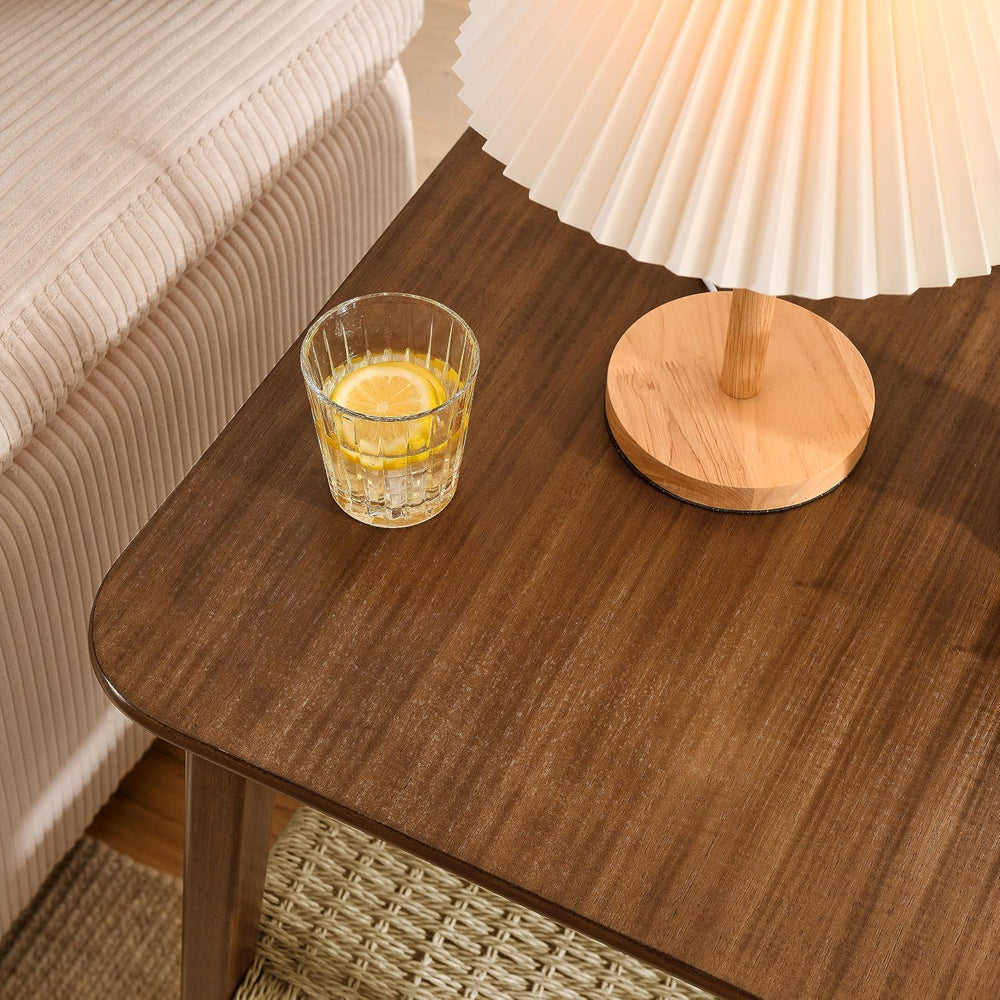 NewCosmos 23" Mid-Century Side Table with Woven Shelf, Boho Side Table w...