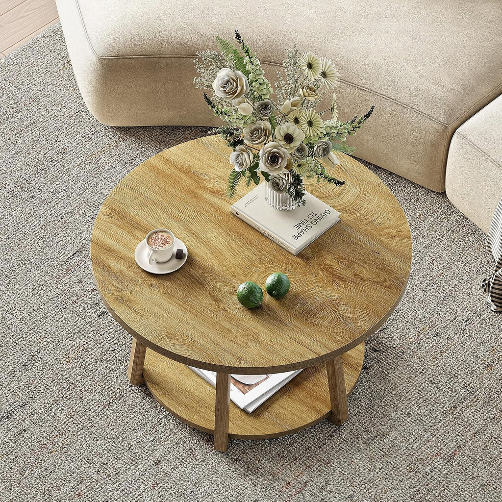 LITTLE TREE Round Coffee Table, 2-Tier Center Table with Storage | Wooden Legs, 31.5 Dia. x 19.6 H Inches, Easy Assembly, Circle Coffee Tables for Living Room, Bedroom