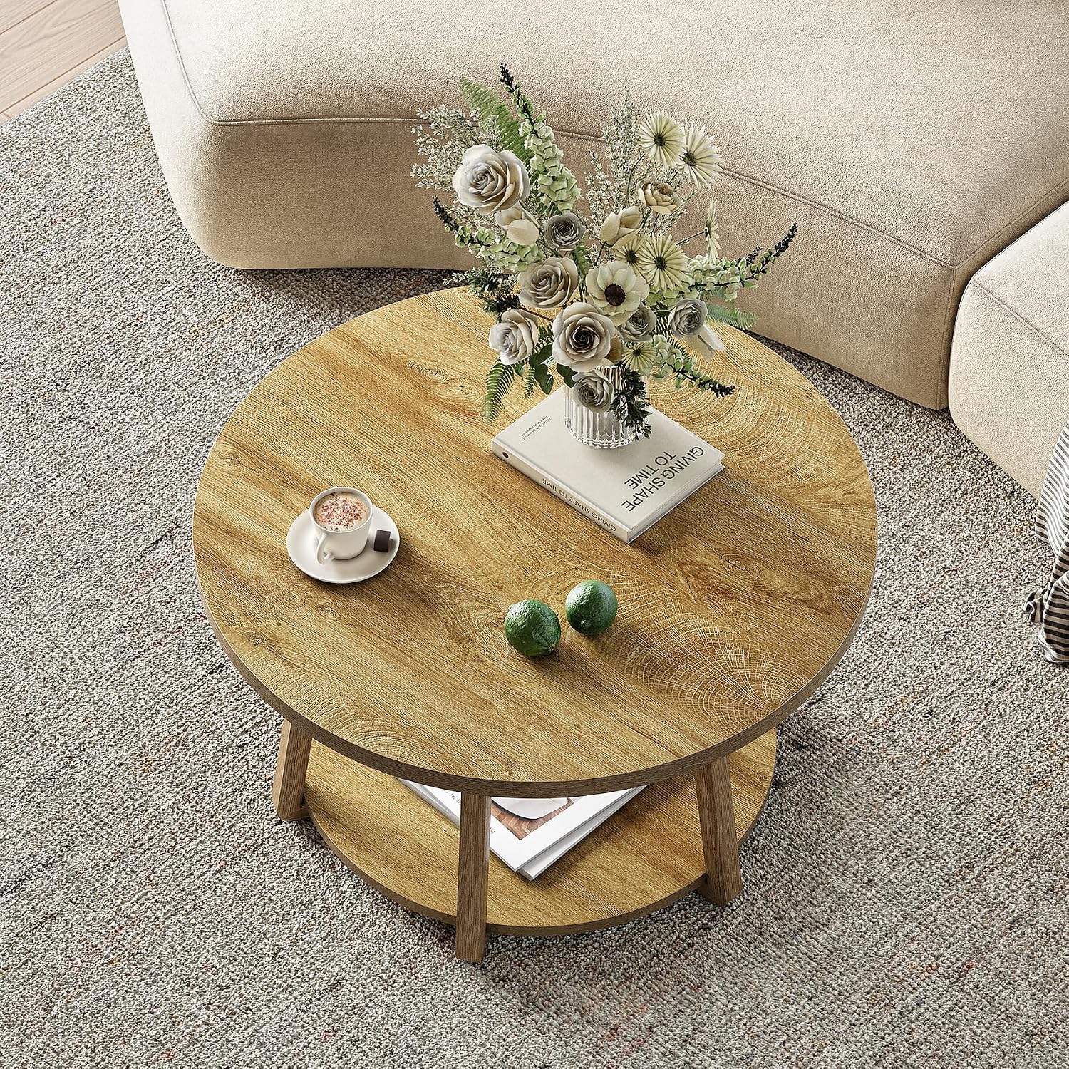 LITTLE TREE Round Coffee Table, 2-Tier Center Table with Storage | Wooden Legs, 31.5 Dia. x 19.6 H Inches, Easy Assembly, Circle Coffee Tables for Living Room, Bedroom
