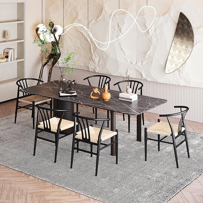 Yaheetech Weave Dining Chairs Set of 6 Mid-Century Modern Dining Room Chairs with Weave Hemp Seat and Metal Legs for Kitchen, Living Room, Restaurant, Black