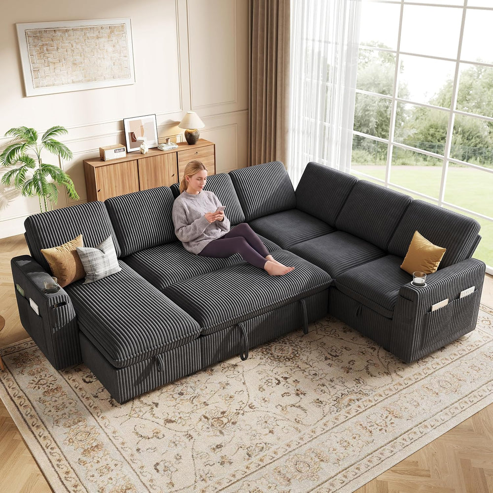 Sectional Sleeper Sofa with Pull Out Bed, Plush Corduroy 7 Seat Modular Secti...