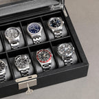 ROTHWELL 10 Slot Leather Watch Box - Luxury Case Display Jewelry Organizer - Locking Watch Display Case Holder with Large Glass Top - Box Organizer for Men and Women (Black/Grey)