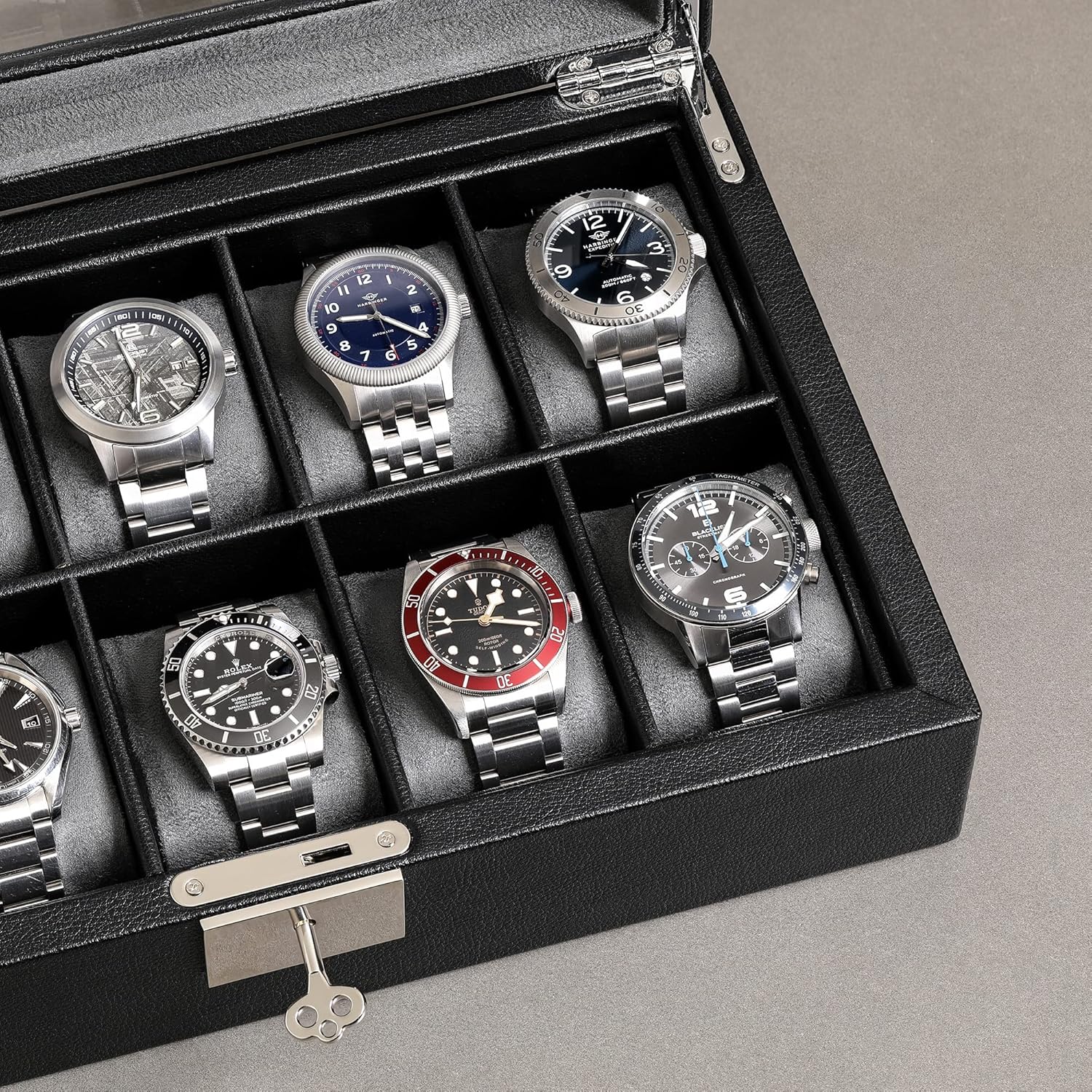 ROTHWELL 10 Slot Leather Watch Box - Luxury Case Display Jewelry Organizer - Locking Watch Display Case Holder with Large Glass Top - Box Organizer for Men and Women (Black/Grey)