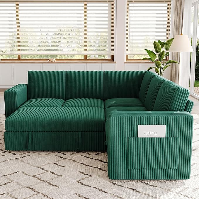 83.5" Sectional Sleeper Sofa with Pull Out Couch, Modern 5 Seat L Shaped Modular Couch,Green Sectionals Modular Sofa with Storage, Comfy Corduroy Couches Sectional for Living Room & Apartment