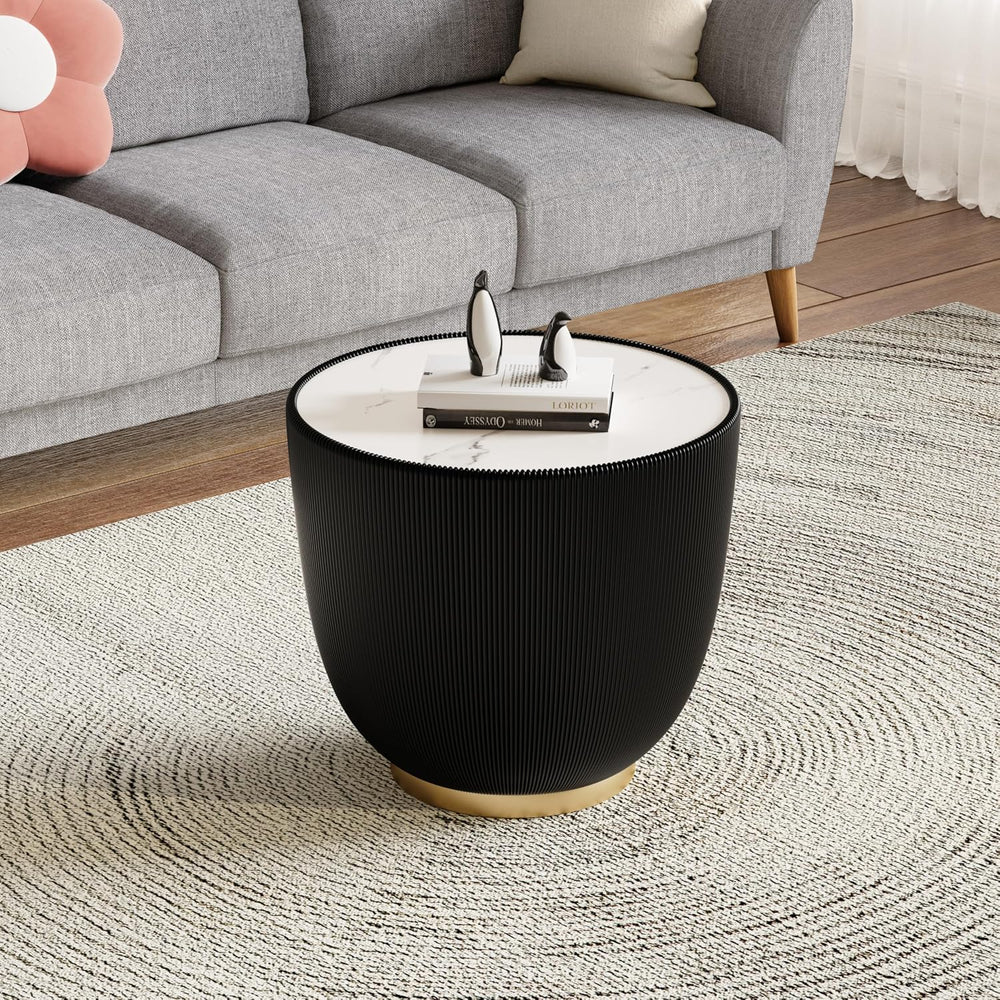 Black Round Coffee Table with Sintered Stone Tabletop, 19.69 Drum Coffee Tabl...