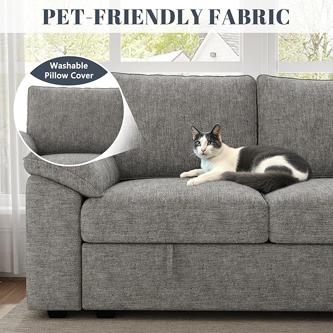 85 Inch Modular Sectional Sofa with Pull Out Bed, L Shaped 5 Seat Sectional Sleeper Sofa with Storage, Sectional Couches for Living Room, Cloud Modular Couch,Removable Sofa Cover,Light Grey