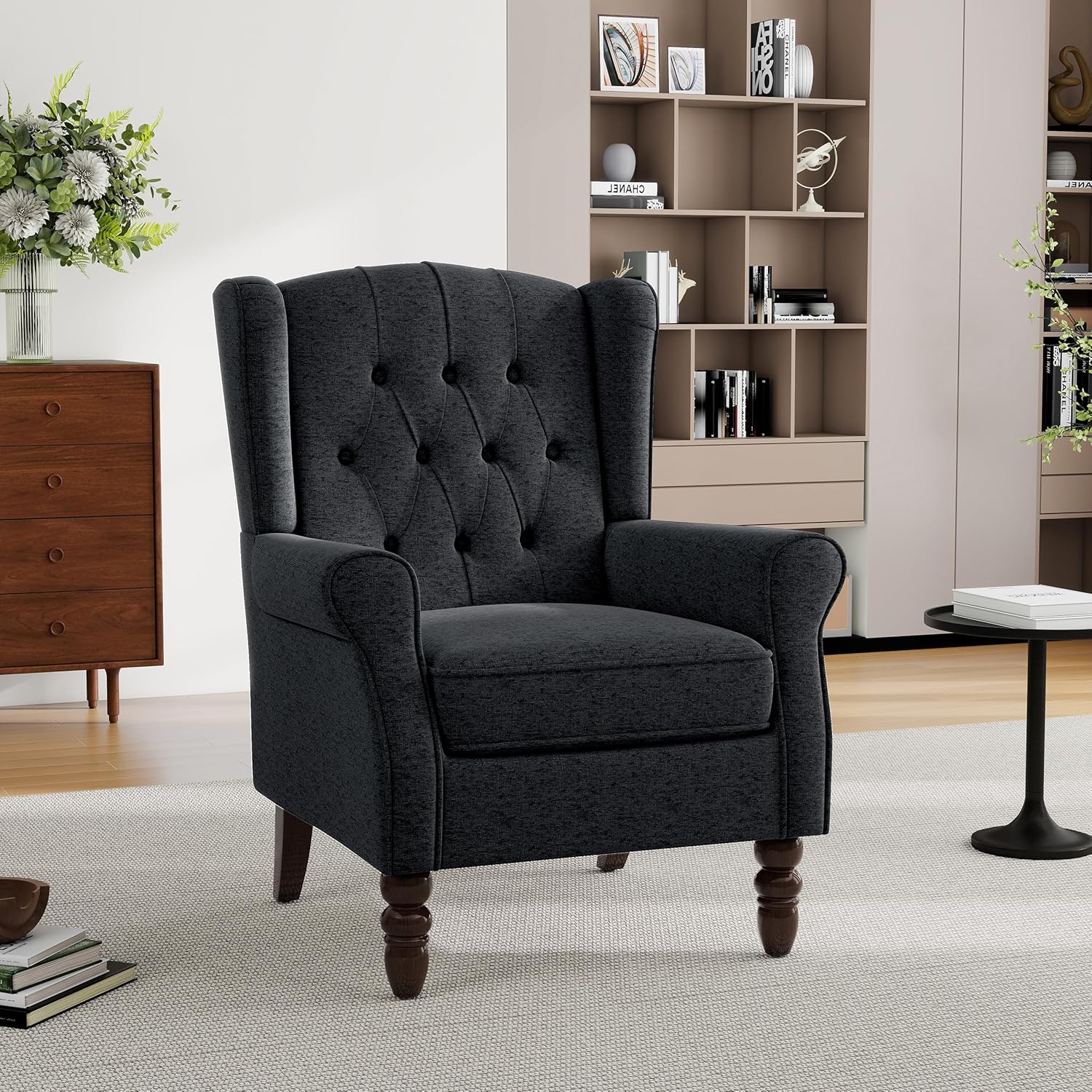Mid-Century Modern Wingback Chair - Plush Upholstered Accent Armchair with Solid Oak Legs, Ergonomic High Back Lounge Chair for Living Room, Bedroom Office - Retro Reading Chair Bluish Black