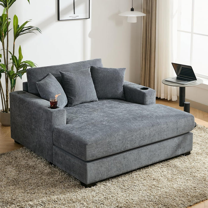 Merax Modern Upholstered Indoor Chaise Lounge with Pillows, Charge Station & Cup Holders, Single Sofa Couch with Armrest and Soild Wood Legs, Blue Gray