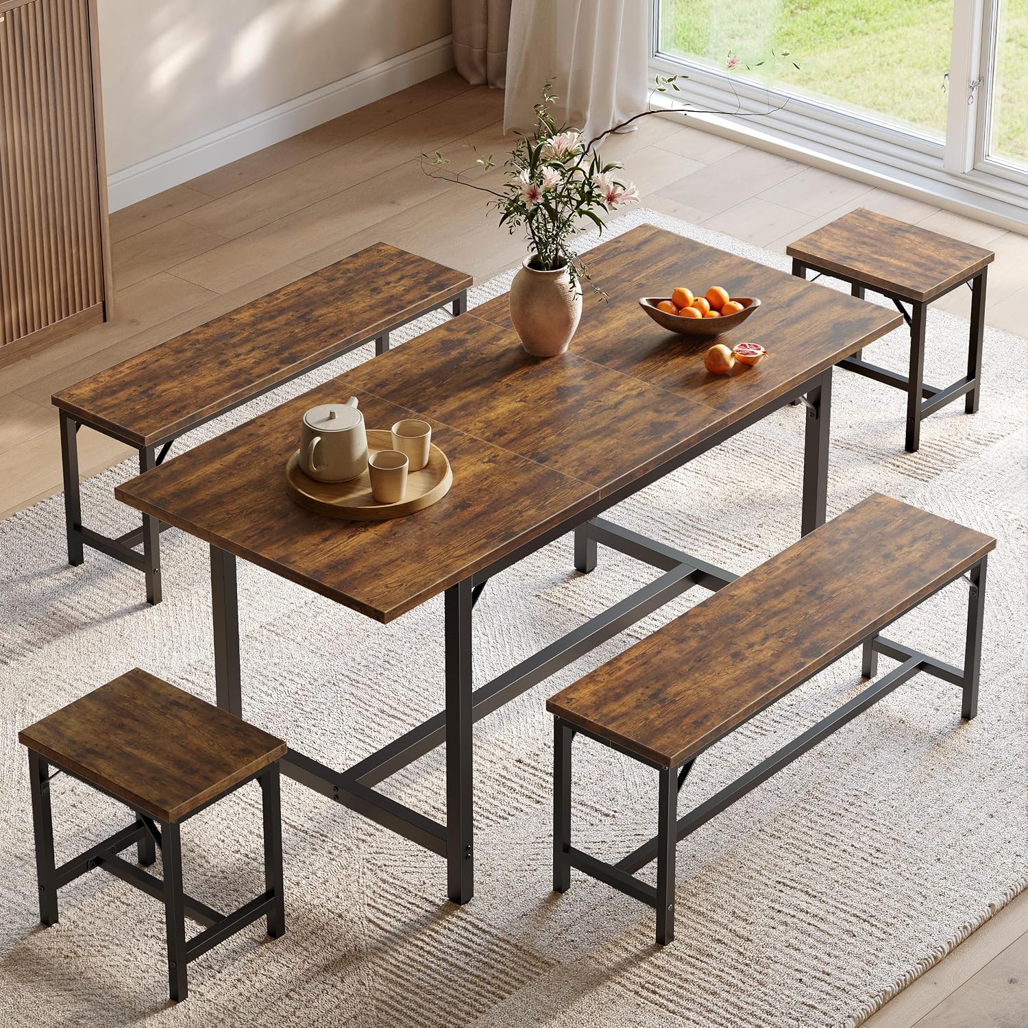 Tatub 5-Piece Dining Table Set for 4-8, 63" Extendable Dining Room Table with 2 Benches and 2 Square Stools, Space Saving Rectangle Kitchen Table Set for Breakfast Nook and Small Space,Brown