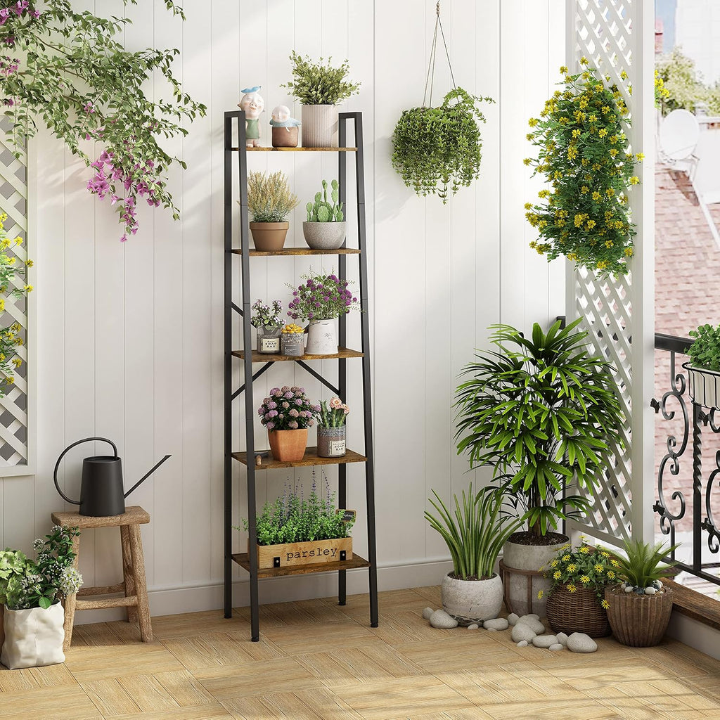 Hoctieon Industrial Ladder Bookshelf, Multifunctional Ladder Shelf, 5-Tier Tall Bookshelf, Open Ladder Shelf Bookcase, for Living Room, Home Office, Kitchen, Bedroom, Metal Frame, Rustic Brown