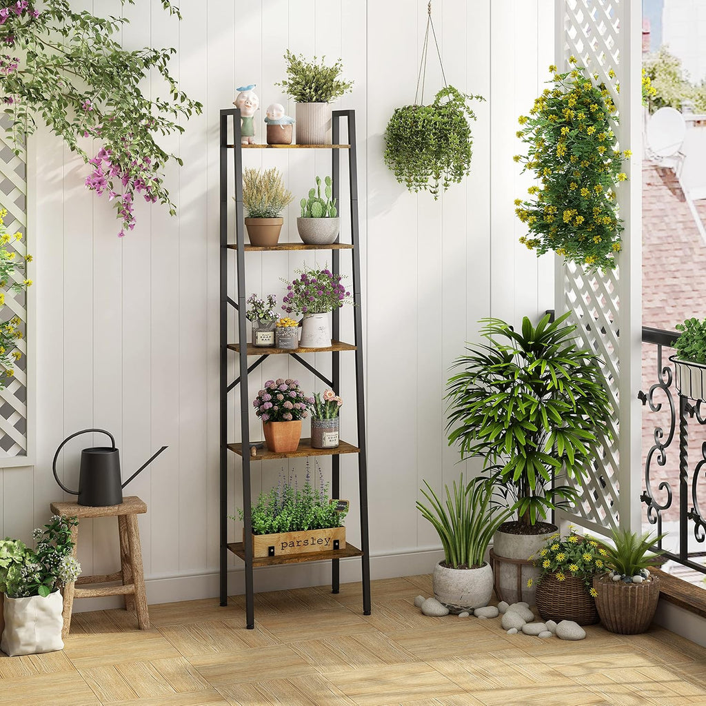 Hoctieon Industrial Ladder Bookshelf, Multifunctional Ladder Shelf, 5-Tier Tall Bookshelf, Open Ladder Shelf Bookcase, for Living Room, Home Office, Kitchen, Bedroom, Metal Frame, Rustic Brown