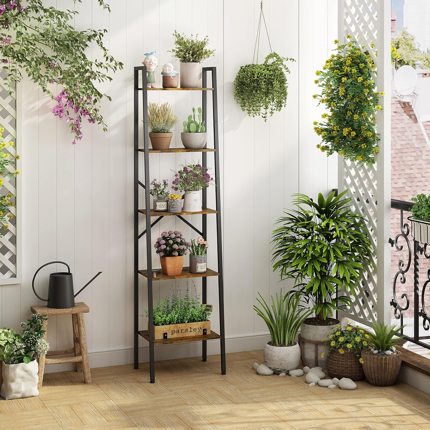 Hoctieon Industrial Ladder Bookshelf, Multifunctional Ladder Shelf, 5-Tier Tall Bookshelf, Open Ladder Shelf Bookcase, for Living Room, Home Office, Kitchen, Bedroom, Metal Frame, Rustic Brown