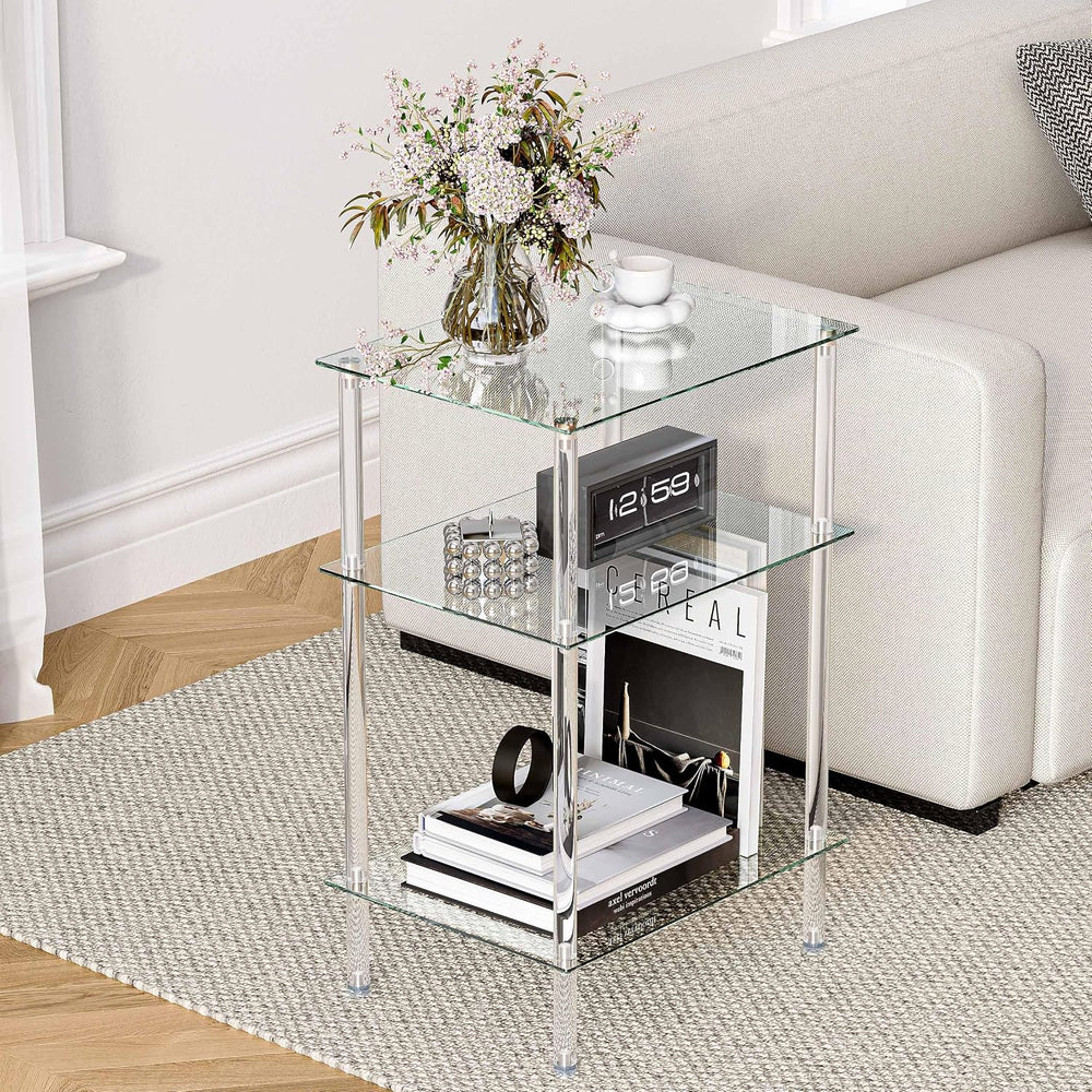 Tempered Glass Side Table, Acrylic End Table, 3-Tier Transparent Nightstand, ...