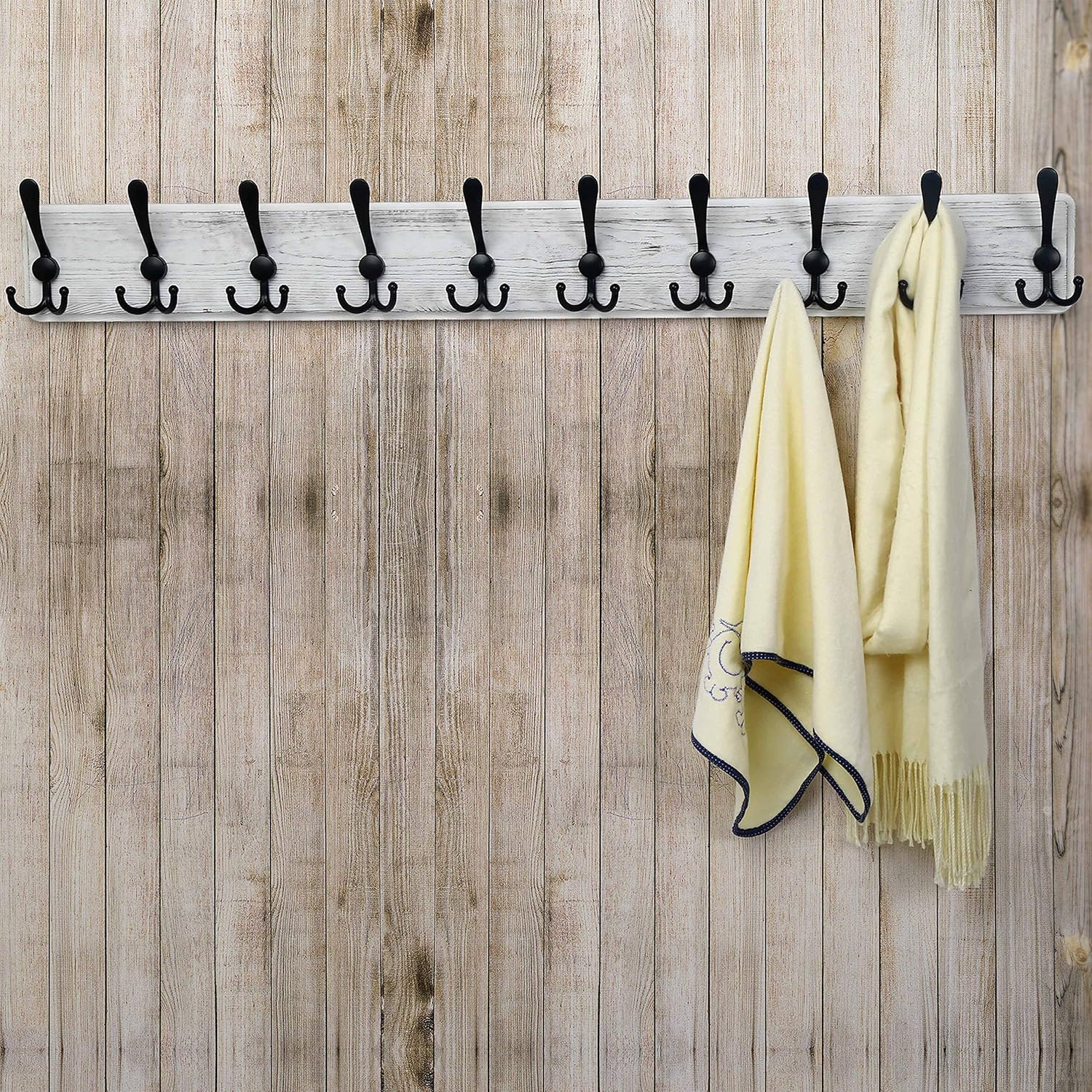 Dseap Coat Rack Wall - Heavy-Duty 38-1/4" Long, with Reinforced 10 Custom Tri-Hooks, Solid Wood Wall Hanger for Coats Hat Jackets - Rustic Farmhouse Entryway Hallway Storage, White & Black