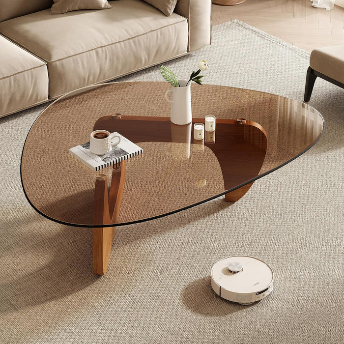 Mid Century Modern Triangle Coffee Table, Tempered Glass Top Solid Wood Base for Living Room,Walnut/Brown