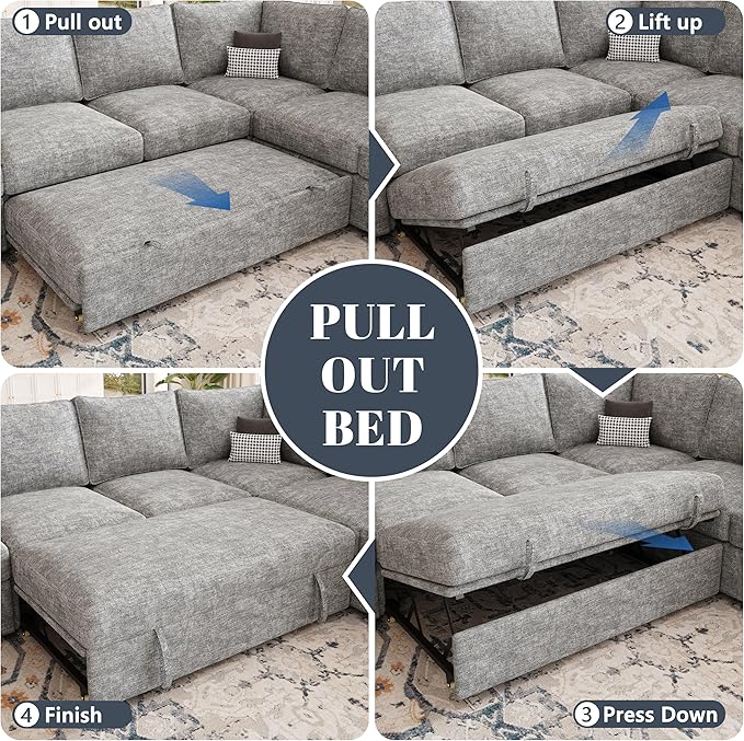 85 Inch Modular Sectional Sofa with Pull Out Bed, L Shaped 5 Seat Sectional Sleeper Sofa with Storage, Sectional Couches for Living Room, Cloud Modular Couch,Removable Sofa Cover,Light Grey