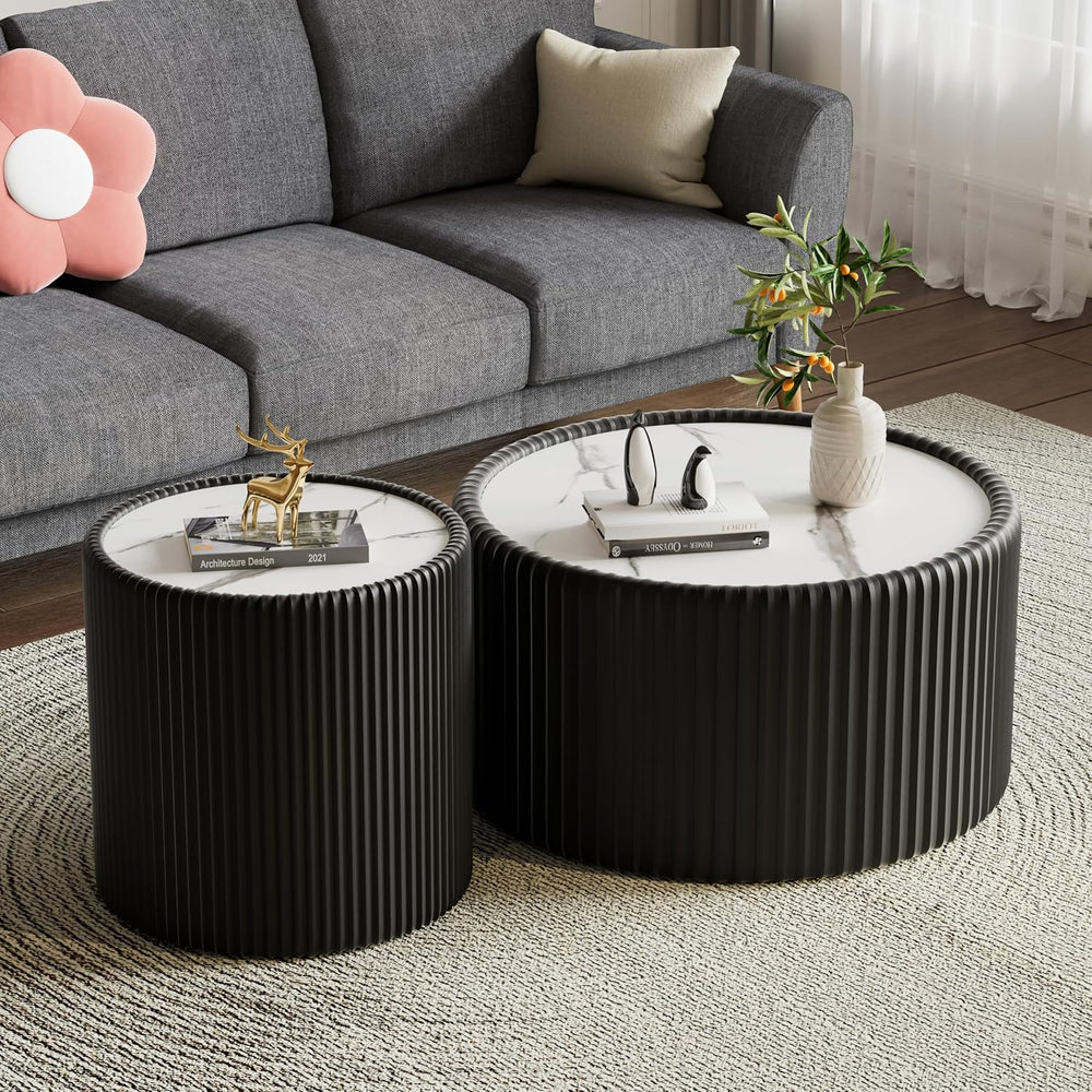 Round Coffee Table Set of 2 with Sintered Stone Top Cylinder-Shape Coffee Sid...