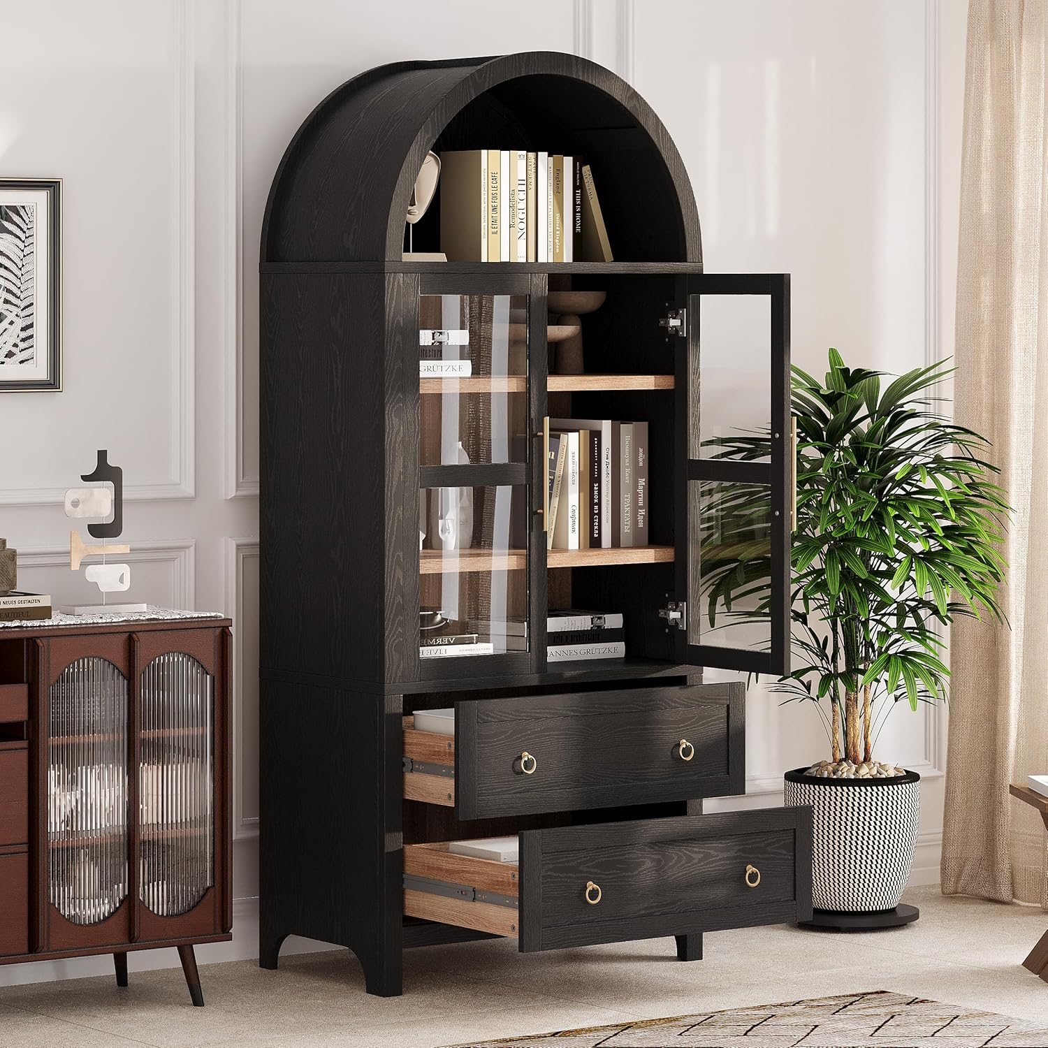 71" Tall Arched Kitchen Pantry Cabinet, Modern Farmhouse Kitchen Storage Cabinet with Adjustable Shelves, 2 Drawers for Kitchens, Dining Room, Black