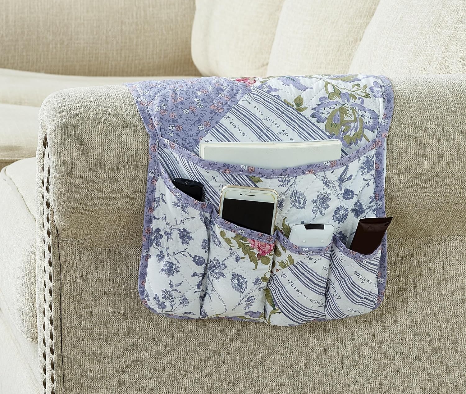 Brilliant Sunshine Rose Violet Patchwork Couch Armrest 5 Pockets Organizer, Slip Resistant Recliner Armchair Caddy, Washable Remote Controls Holder, Storage for Magazine, Tablet, Phone, Rose Violet