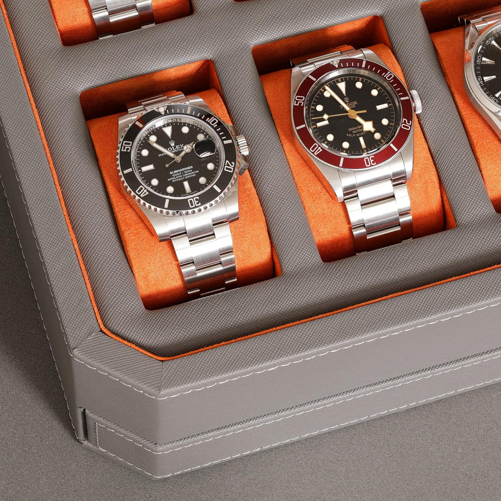 ROTHWELL 12 Slot Leather Watch Box with Valet Drawer - 12 Slot Luxury Watch Case Display Organizer, Microsuede Liner, Mens Accessories Holder, Jewelry Case, Jewelry Display Organizer (Grey/Orange)
