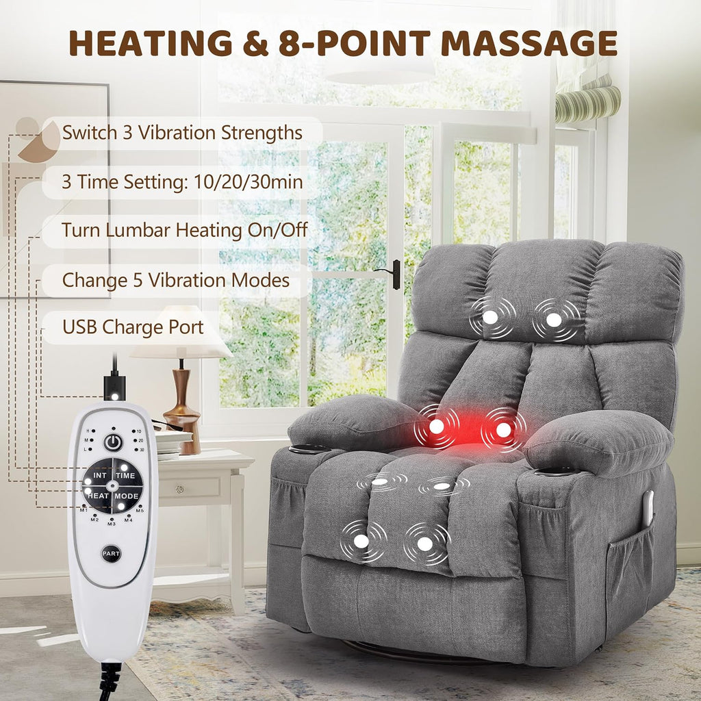 Oversized 360° Swivel Massage Rocker Recliner Chair, Massage & Heat, Grey | Vibration Massage, USB Charge Port, 4 Pockets 2 Cup Holders, Comfy Rocking Recliners for Living Room & Bedroom, Reading Chair