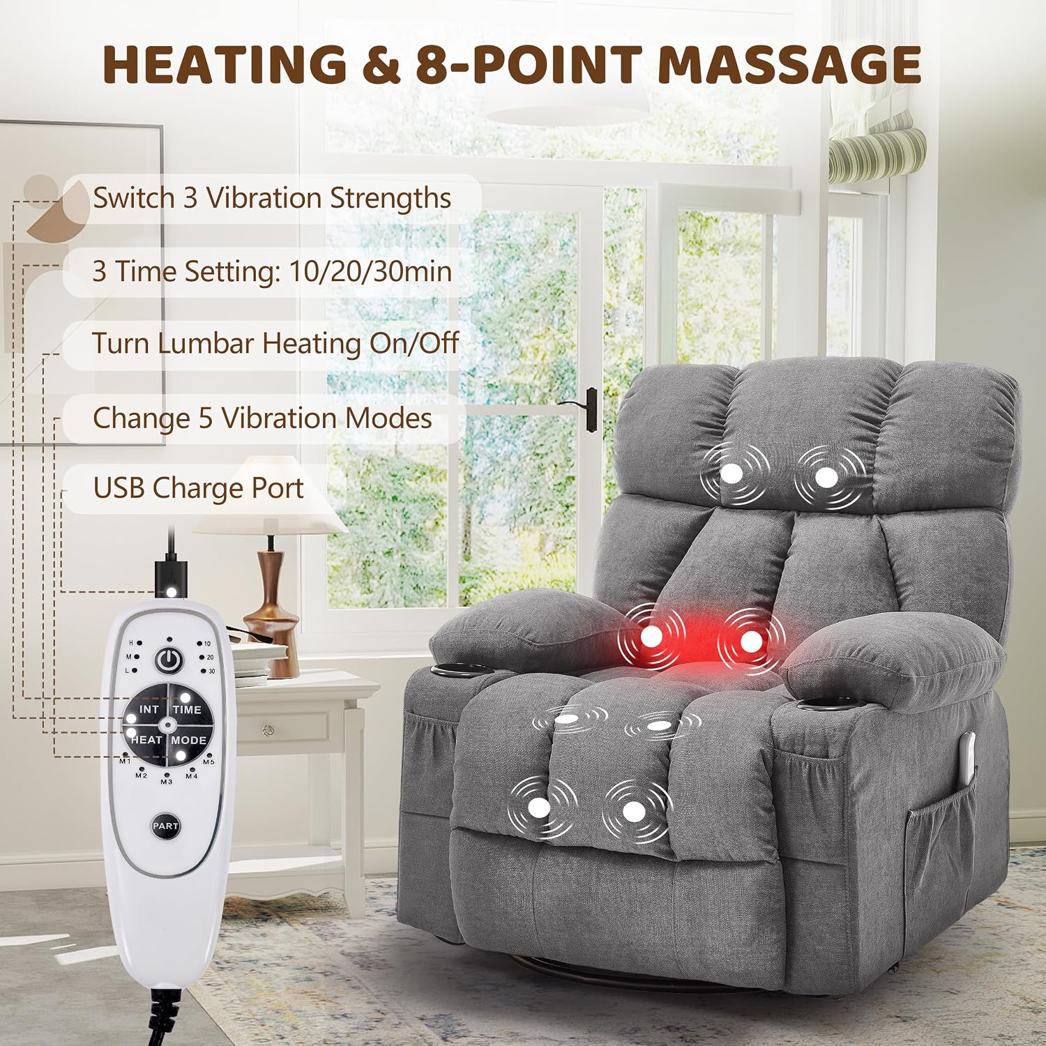 Oversized 360° Swivel Massage Rocker Recliner Chair, Massage & Heat, Grey | Vibration Massage, USB Charge Port, 4 Pockets 2 Cup Holders, Comfy Rocking Recliners for Living Room & Bedroom, Reading Chair