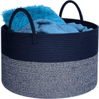 MINTWOOD Design Extra Large 22 x 14in Decorative Woven Cotton Rope Blanket Storage Basket Bin Living Room with Long Handles, Laundry Hamper for Pillows, Pool Towels, Dog Toys, Shoes, Navy Blue