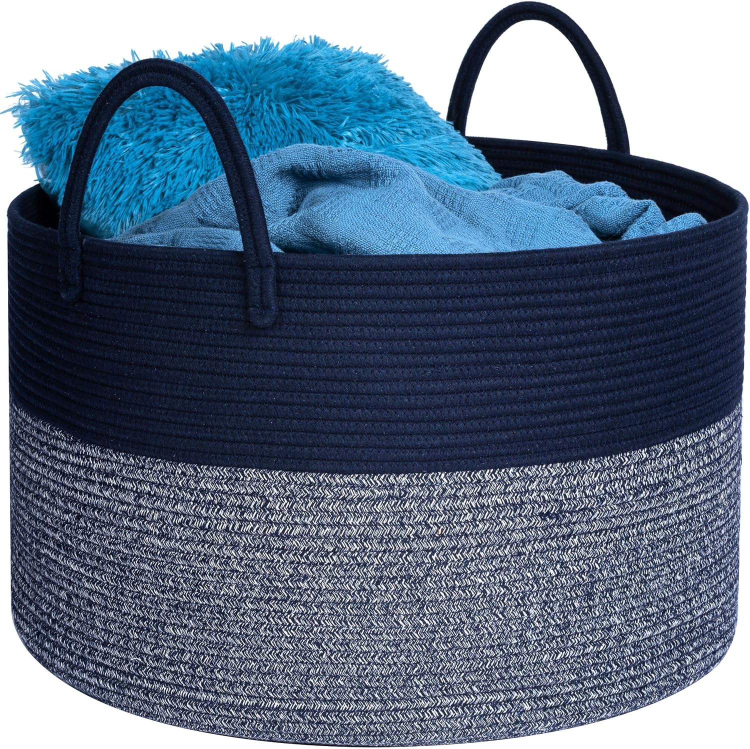 MINTWOOD Design Extra Large 22 x 14in Decorative Woven Cotton Rope Blanket Storage Basket Bin Living Room with Long Handles, Laundry Hamper for Pillows, Pool Towels, Dog Toys, Shoes, Navy Blue