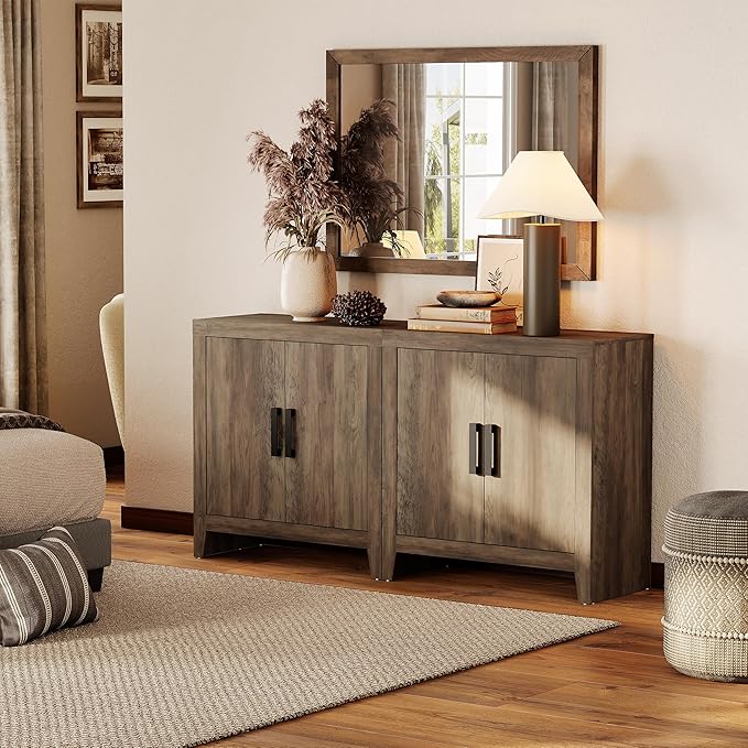 WAMPAT Farmhouse TV Stand for TVs up to 65 Inch, Rustic Wood Entertainment Center & Media Console with 4 Storage Doors, Accent Cabinet for Living Room, Hallway, Rustic Brown