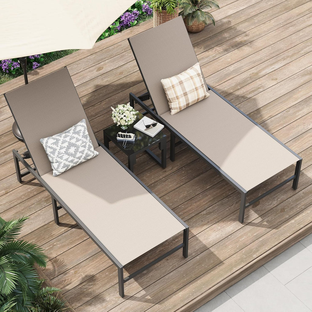 Amopatio Patio Lounge Chair Outdoor Chaise Lounge Set of 2 for Pool | with Side Table Weather Resistant 5-Position Adjustable Backrest Heavy Duty Steel Frame 400 LBS Capacity;Khaki