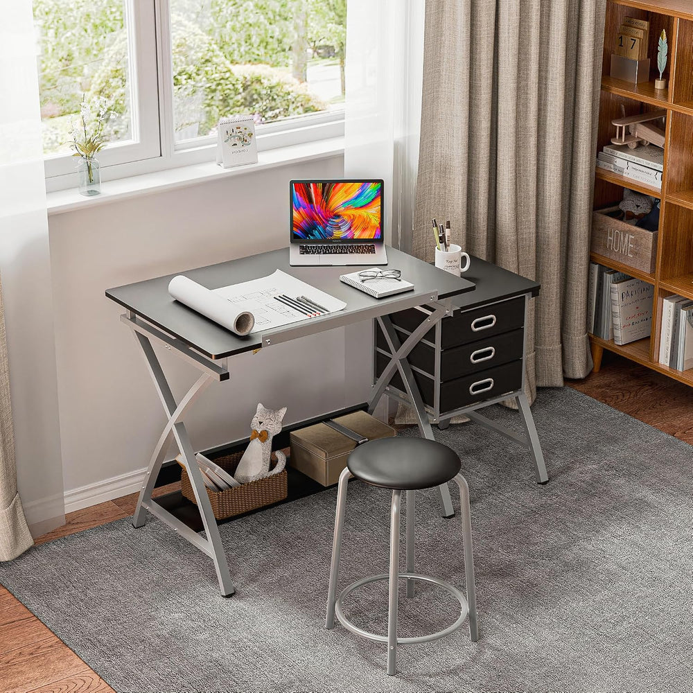 ZENY Drafting Table and Stool, Tilted Draft Table Desk w/Drawers, Artist Draw...